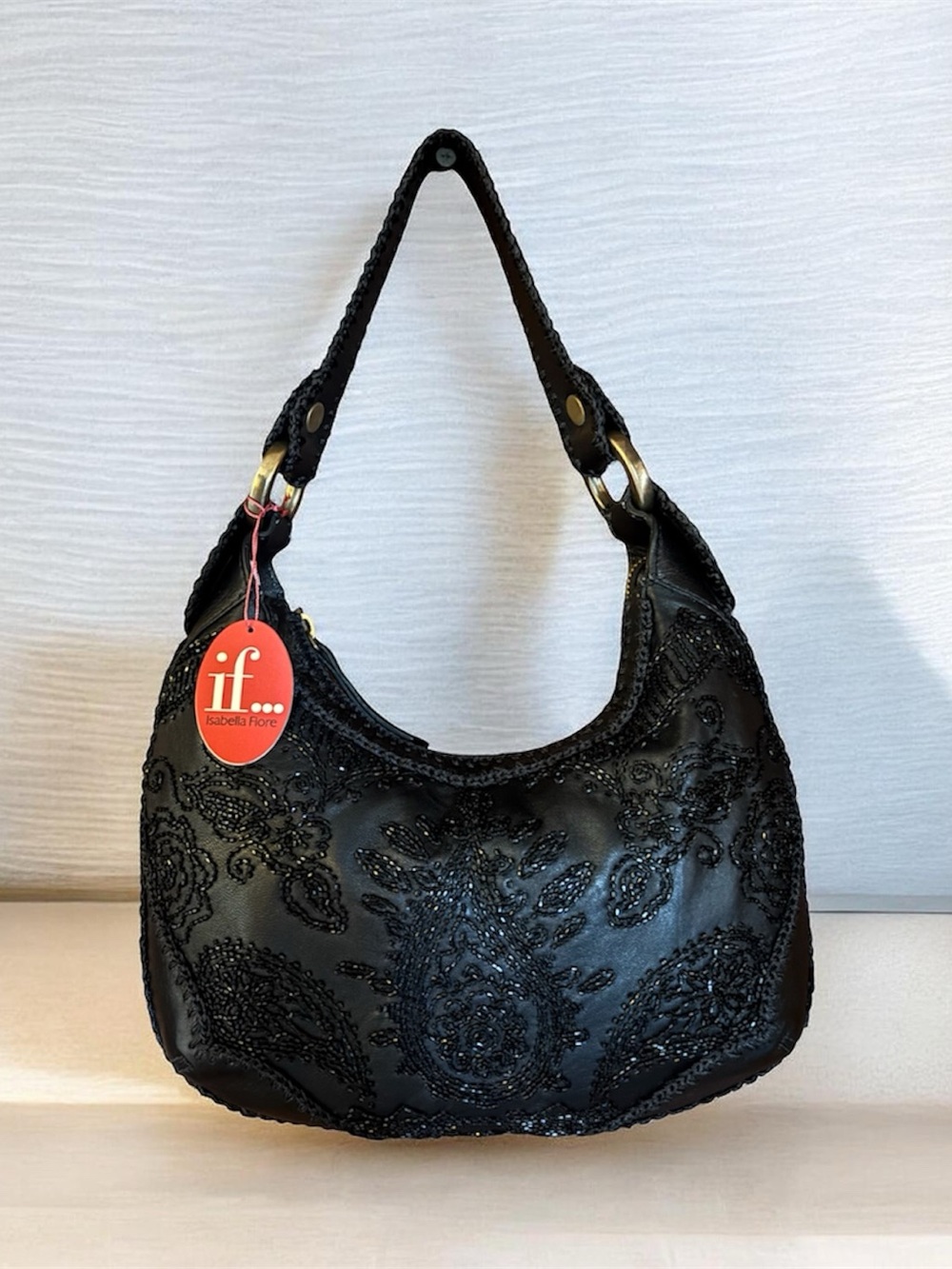Isabella Fiore Black Beaded Shoulder Hobo